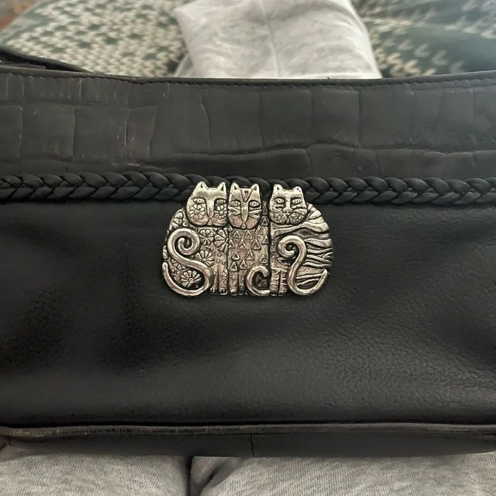 Laurel Burch Black Leather Messenger Bag with Cat Emblem